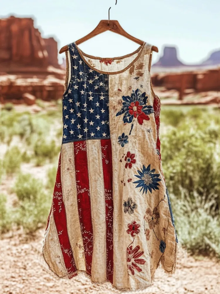 Vintage Independence Day American Flag Patch Floral Art Linen Tank Dress