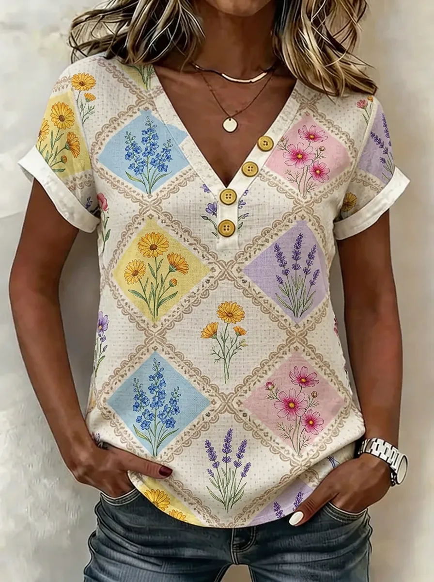Women's Nashville Floral Diamond Pattern Printed V-neck Henley Top