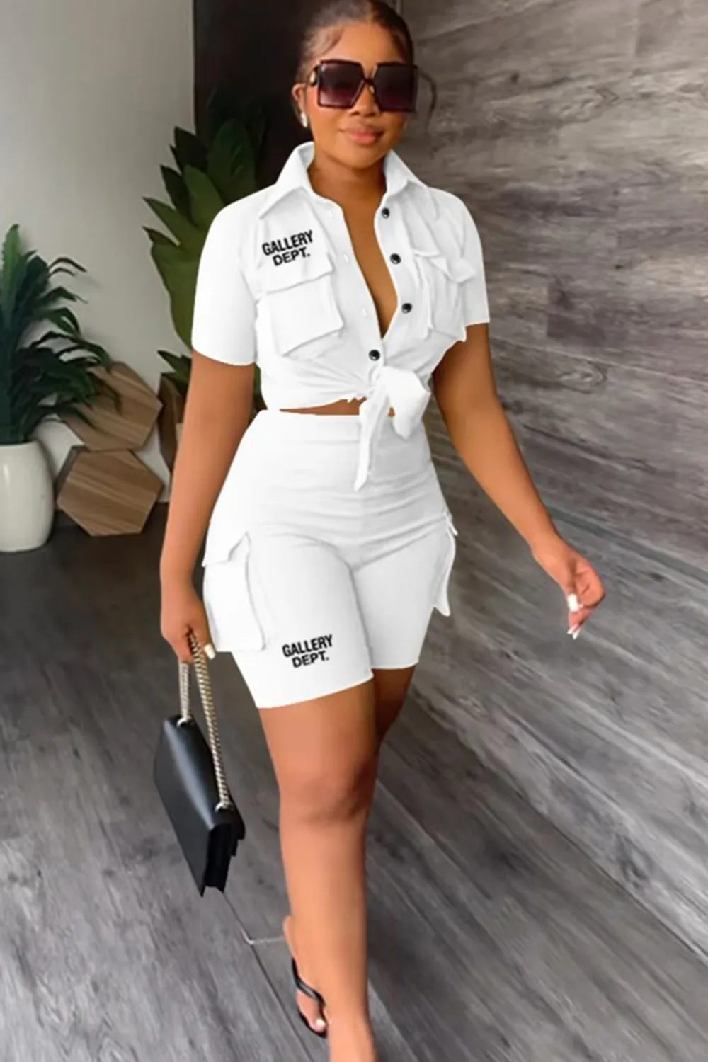 Letter Print Solid Color Blouse With Trendy Cargo Shorts Set
