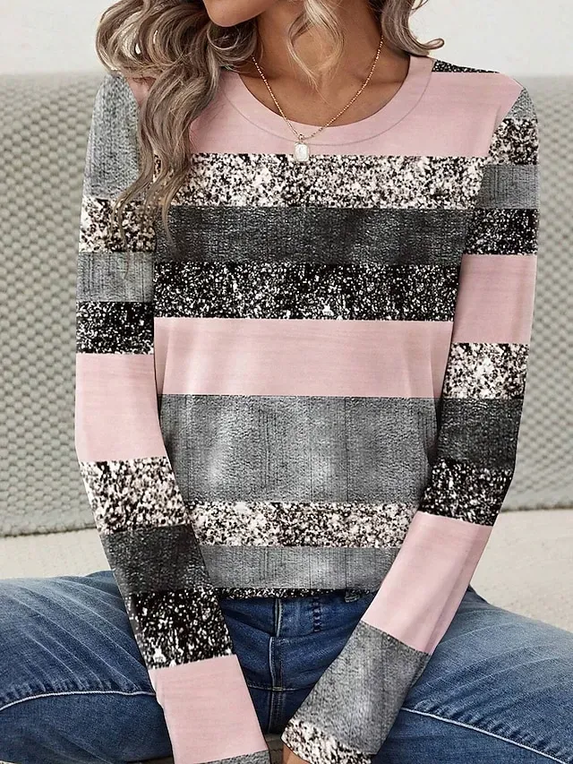 Women's T Shirt Casual Print Long Sleeve Regular Tops Crew Neck Daily Pink Blue Purple Spring Fall