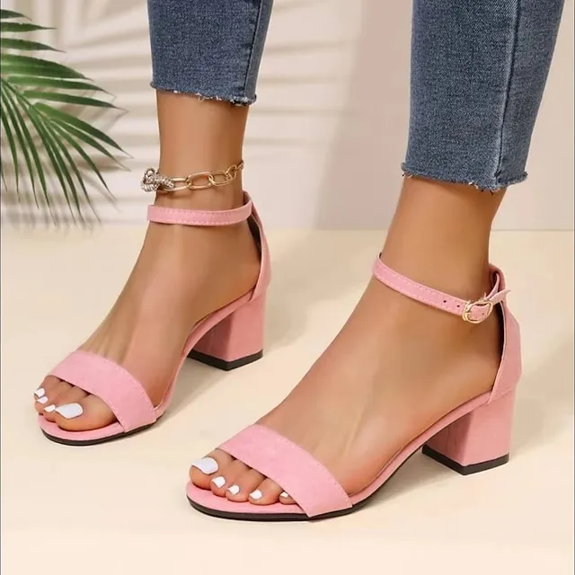 Women's Sandals Block Heel Sandals Ankle Strap Sandals Summer Block Heel Chunky Heel Open Toe Sexy Suede Ankle Strap Black Pink Beige