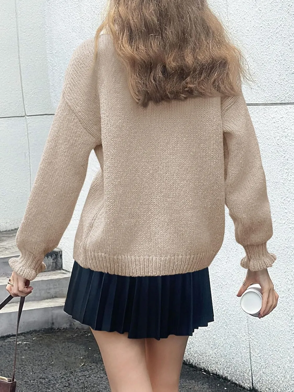 🎄Hot Sale Ruffle Cardigan Oversized Button Up Ribbed Knit Open Front Long Sleeve Loose Sweater