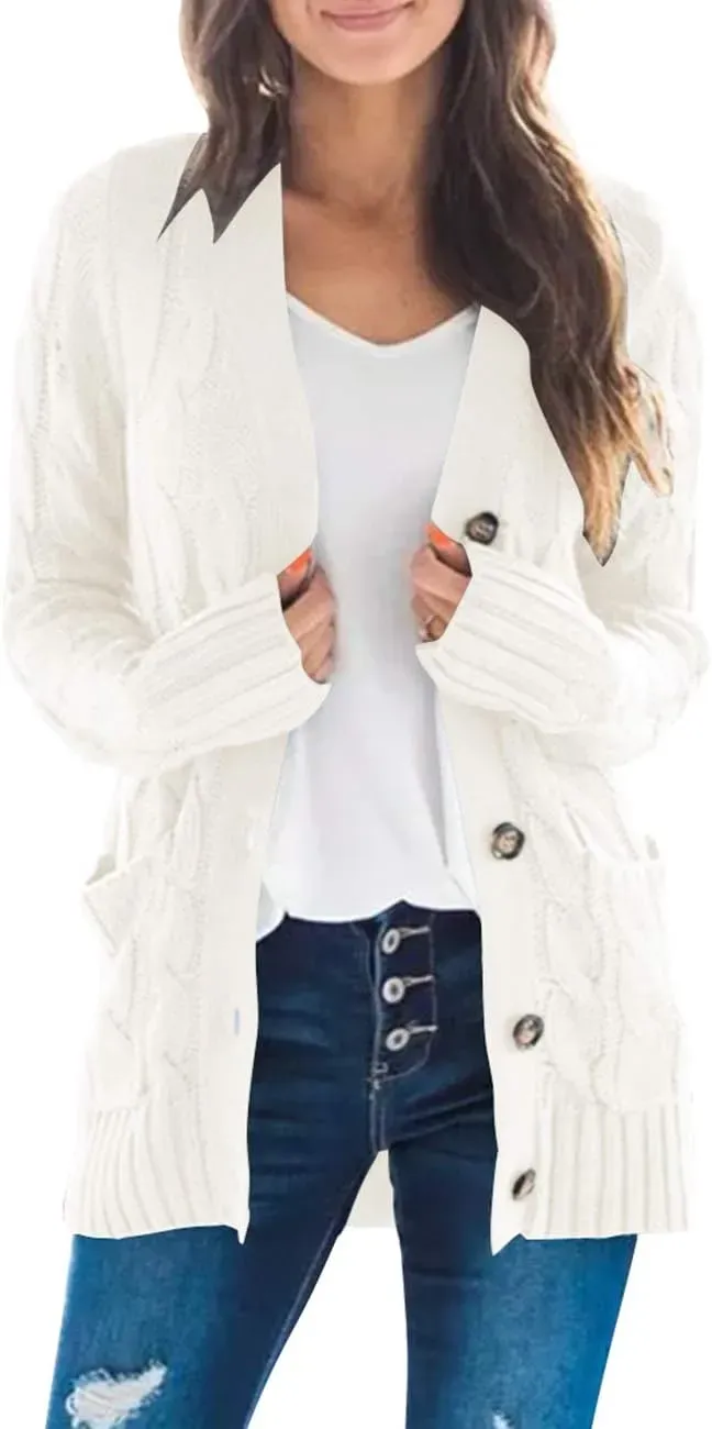 MEROKEETY Women's 2024 Fall Long Sleeve Cable Knit Sweater Open Front Cardigan Button Loose Outerwear