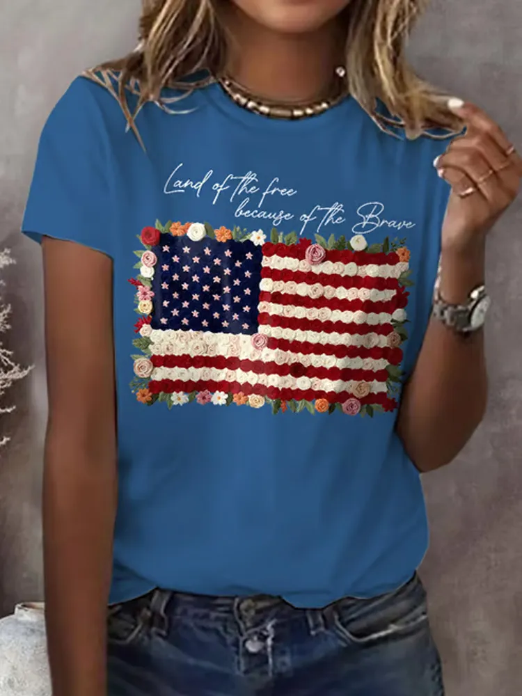 Retro Independence Day Land Of The Free Because Of The Brave Print T-shirt