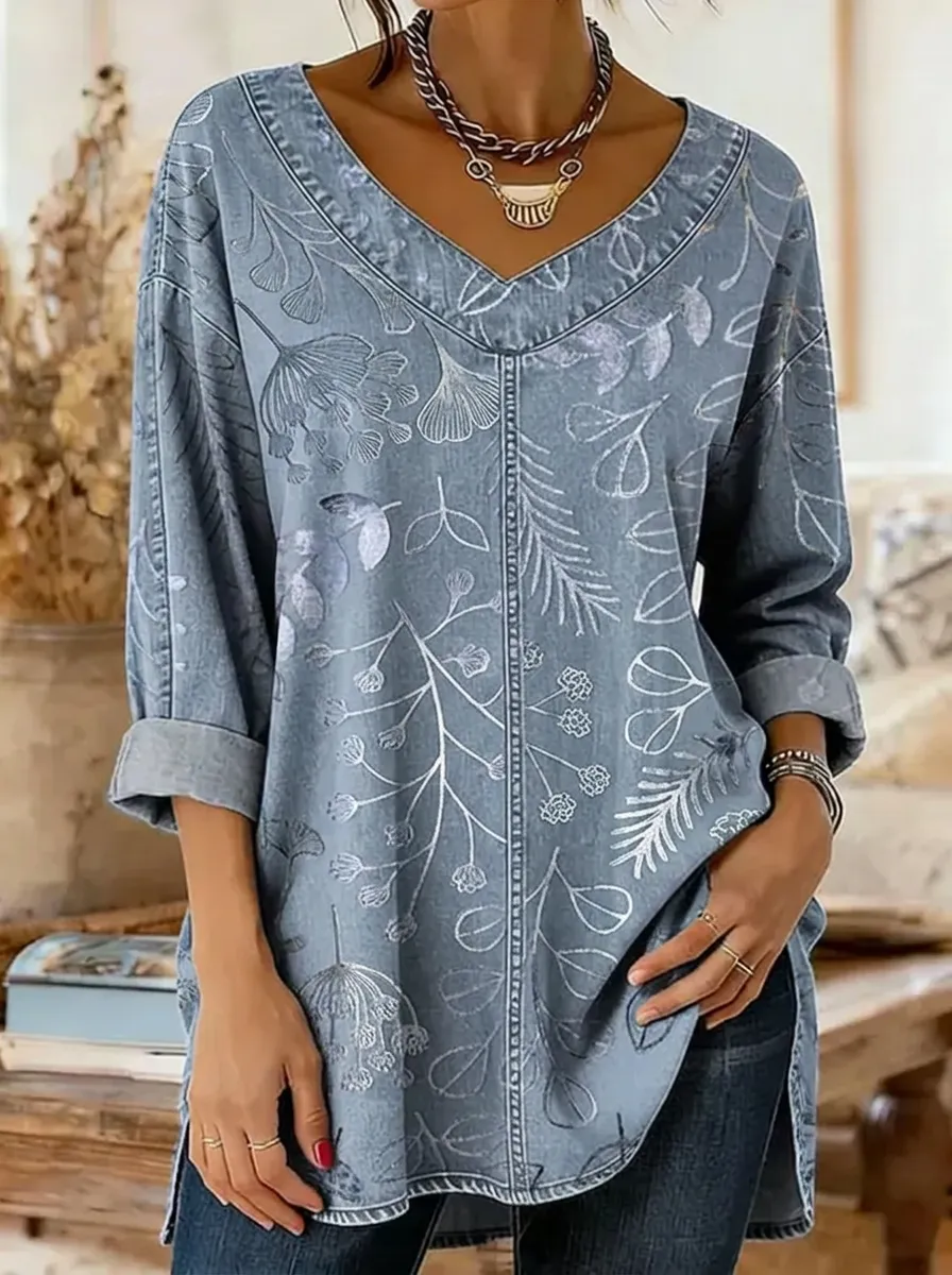 Women's Nashville Botanical Floral Printed Denim-Look V-Neck Top