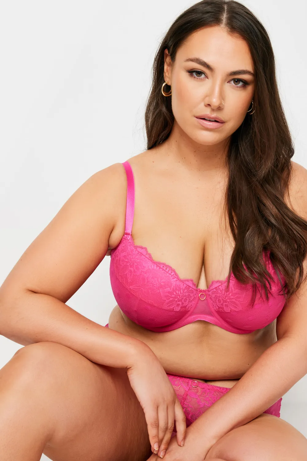 YOURS Curve Hot Pink Dot Print Lace Padded Bra