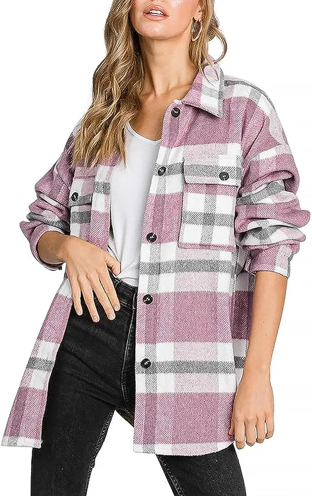 Women's Flannel Plaid Shacket Long Sleeve Button Down Chest Pocketed Shirts Jacket Coats