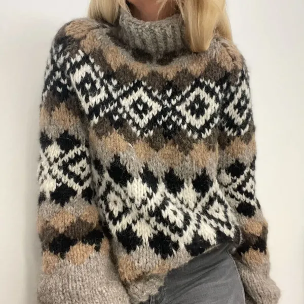 Geometric Contrast Jacquard Mid Neck Sweater