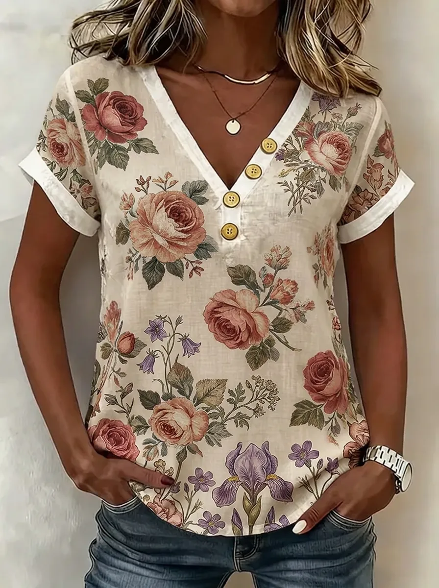Women's Nashville Floral Rose Printed V-Neck Button Top