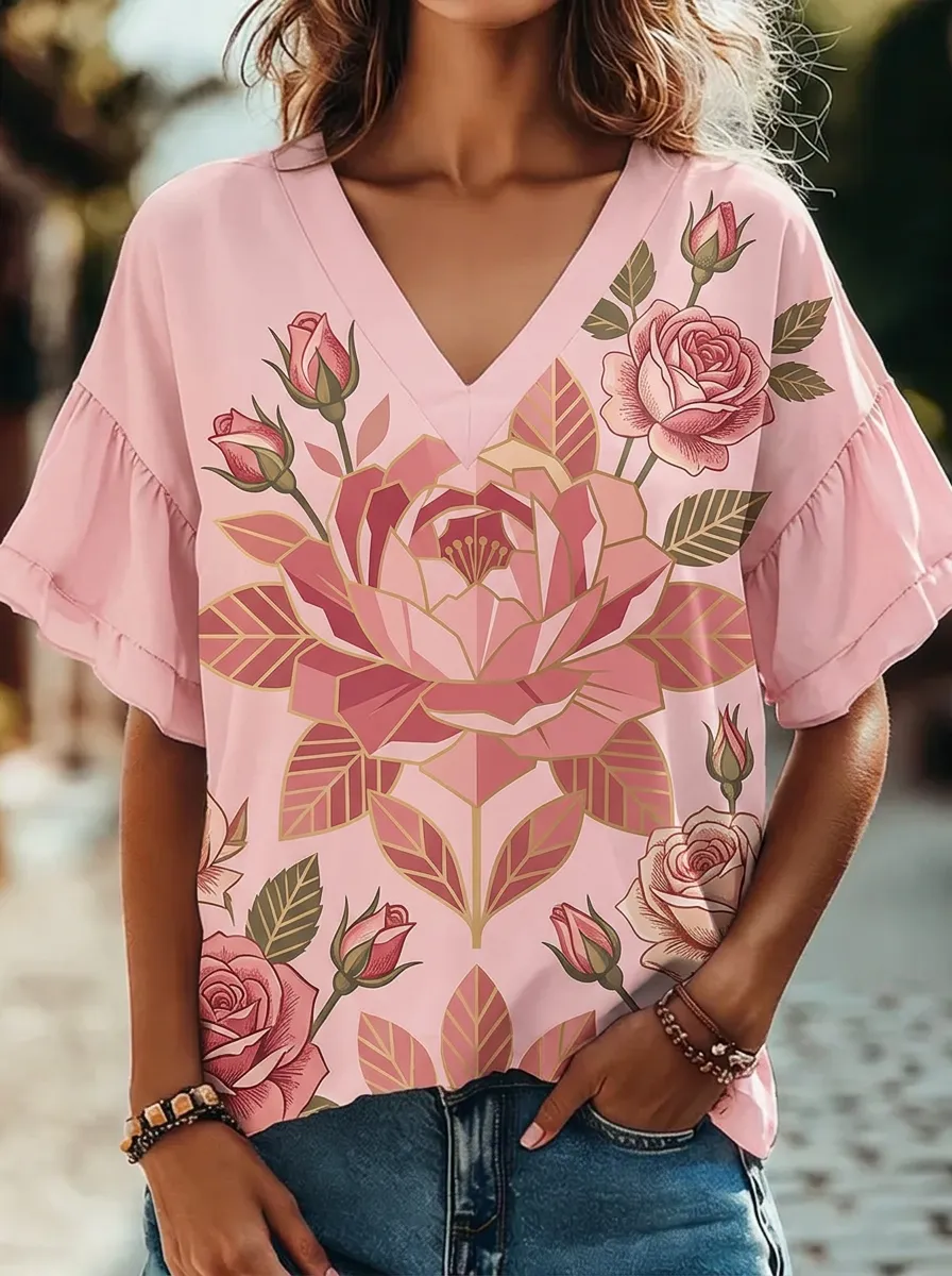 Women's Nashville Floral Rose Geometric Printed V-neck Top