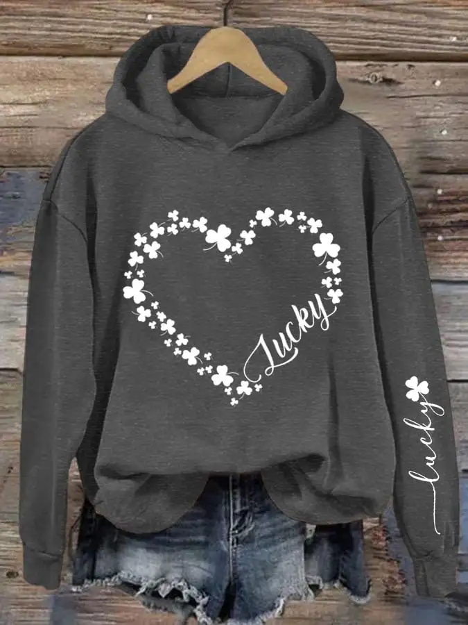 Women's St. Patrick's Day Heart Shamrock Print Hooded Sweatshirt