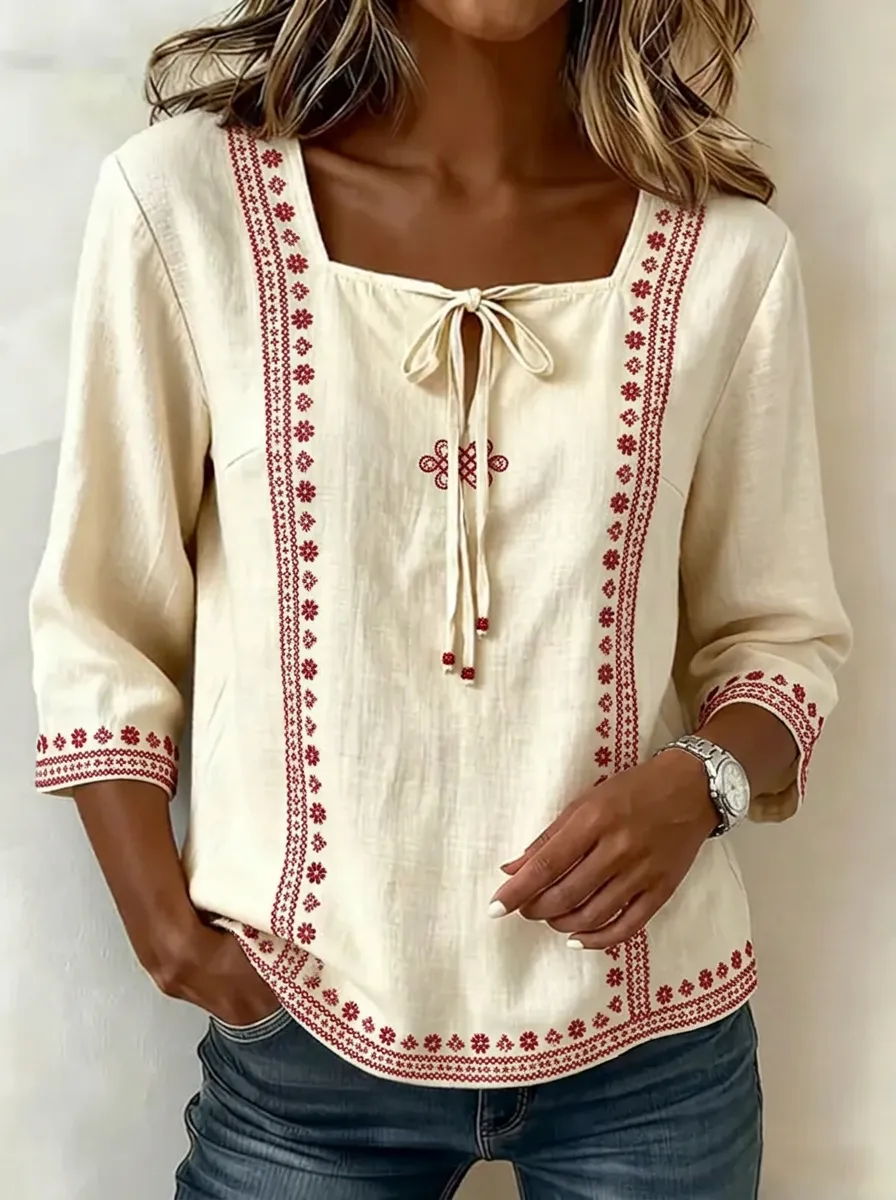 Women's Nashville Floral Embroidery Printed Square Neck Top