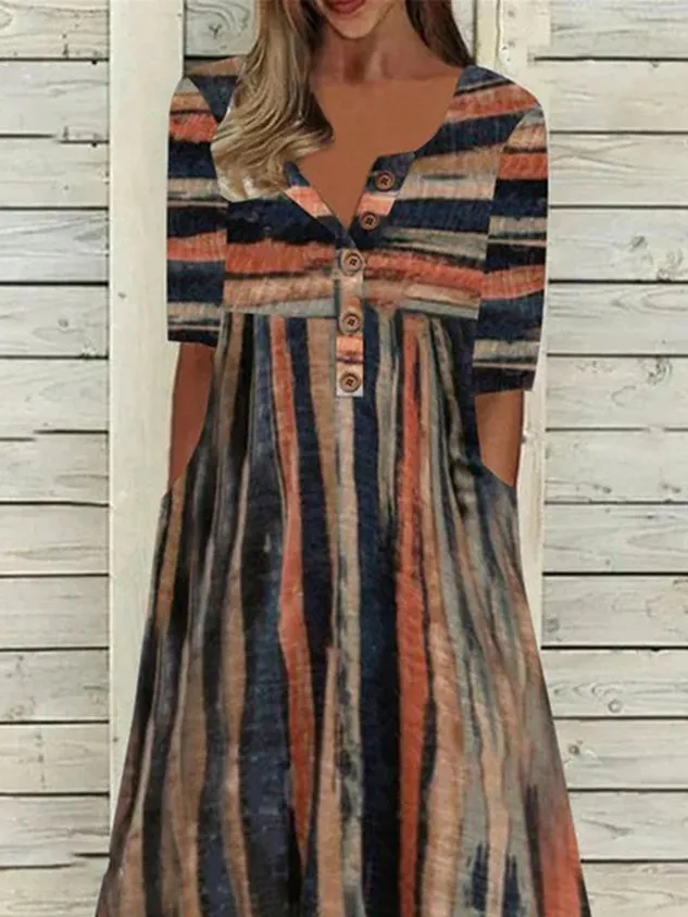 Women Striped Casual Spring Polyester Natural No Elasticity Daily Crew Neck Regular Size Dress