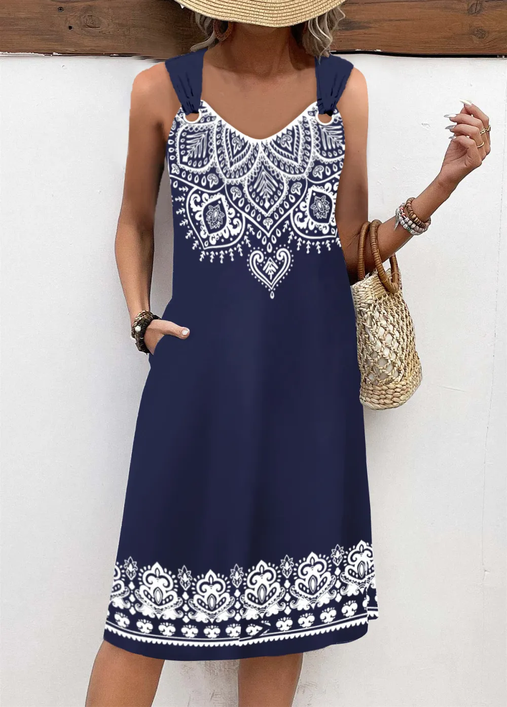 Navy Breathable Tribal Print A Line Sleeveless Dress