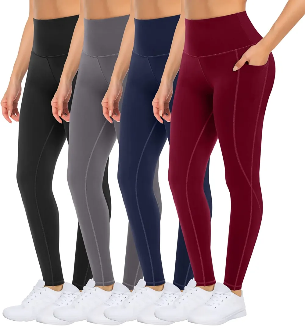 4 Packs Yoga Leggings with Pockets for Women - High Waist Tummy Control Pants for Workout