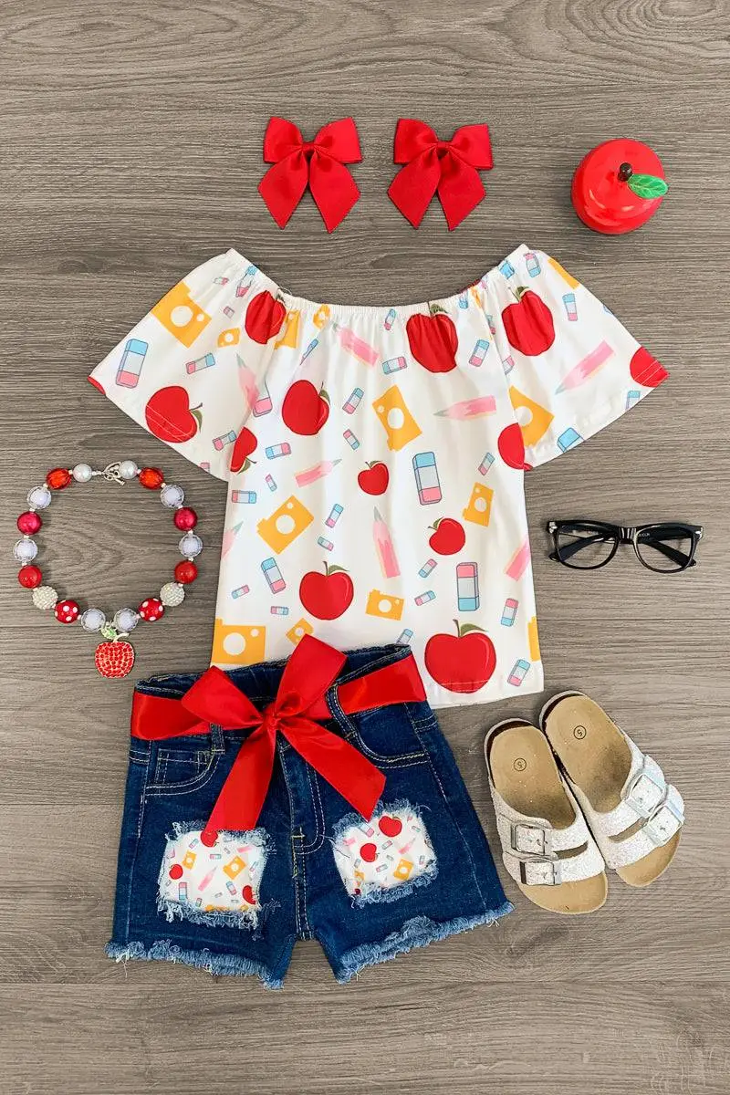 White School Supply Denim Short Set