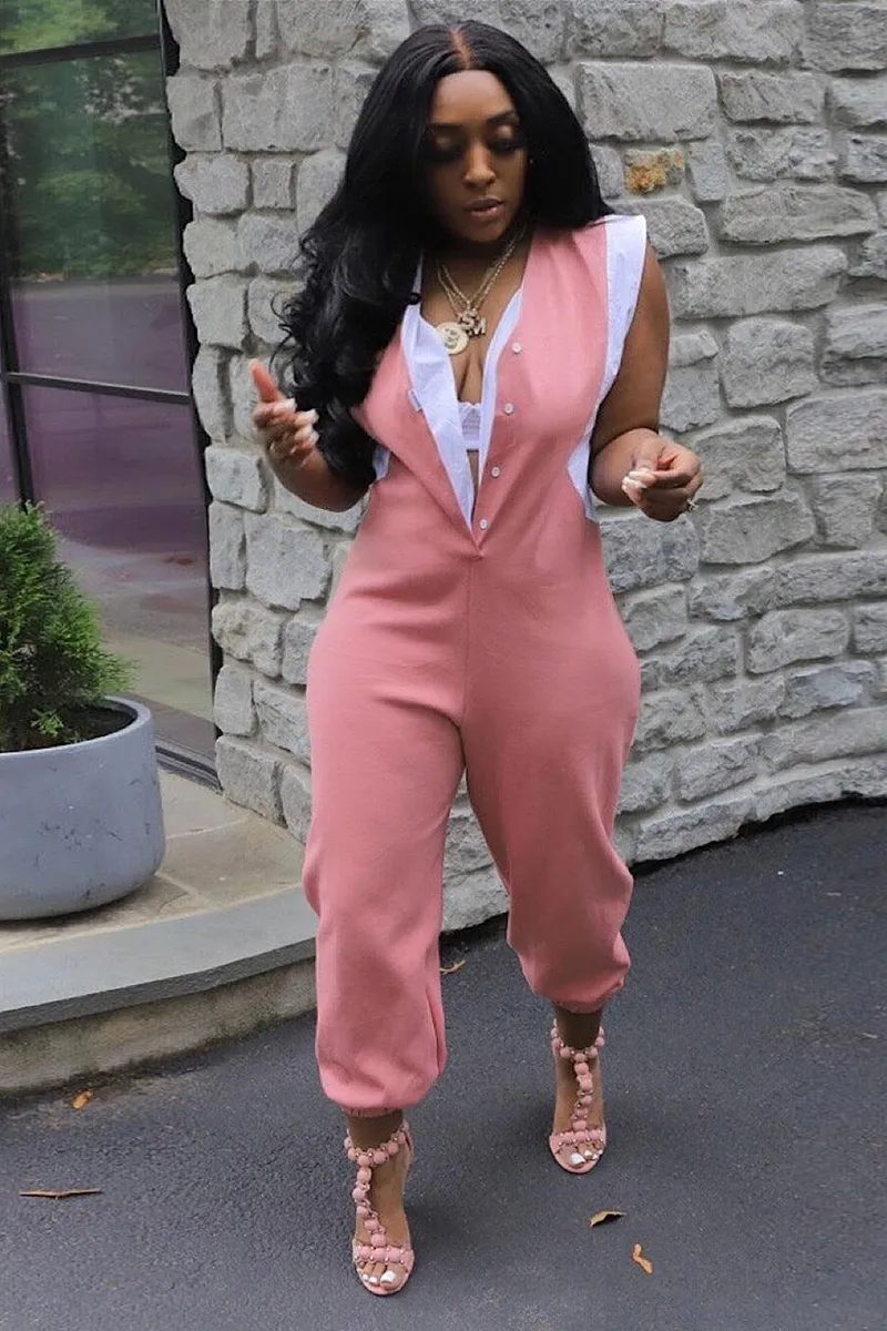 Sleeveless Deep V Neck Button Down Patchwork Tapered Leg Jumpsuit-Gray