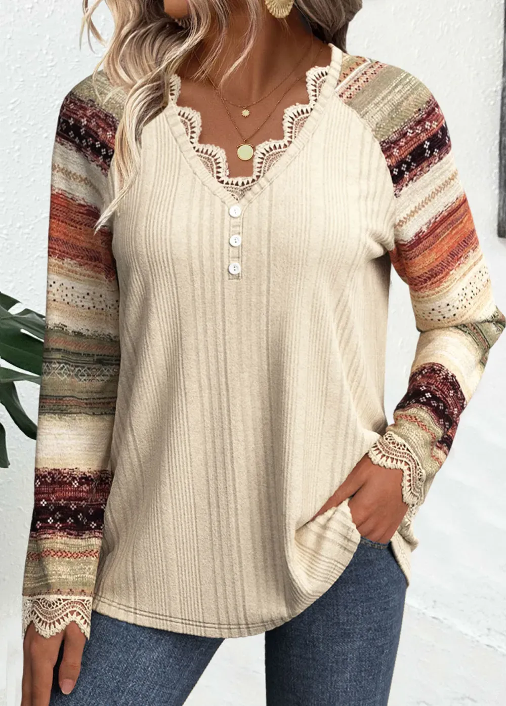 Beige Embroidery Striped Long Sleeve V Neck T Shirt