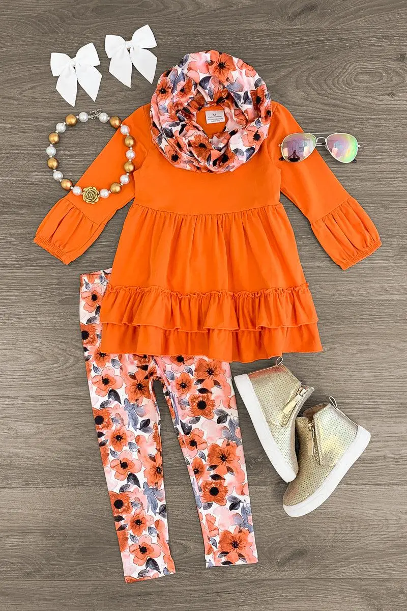Orange Watercolor Floral Scarf Set