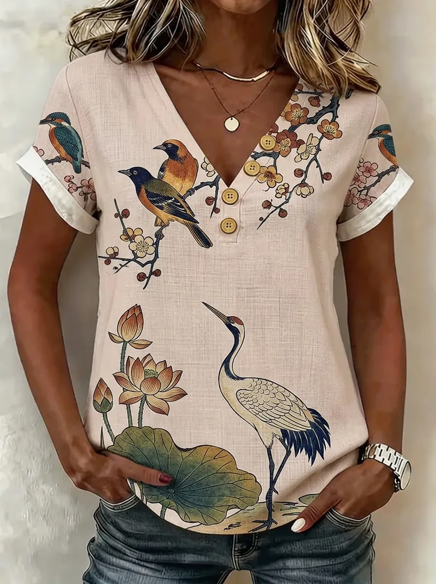 Women's Nashville Nature Lover Crane Bird Floral Printed V-Neck Top