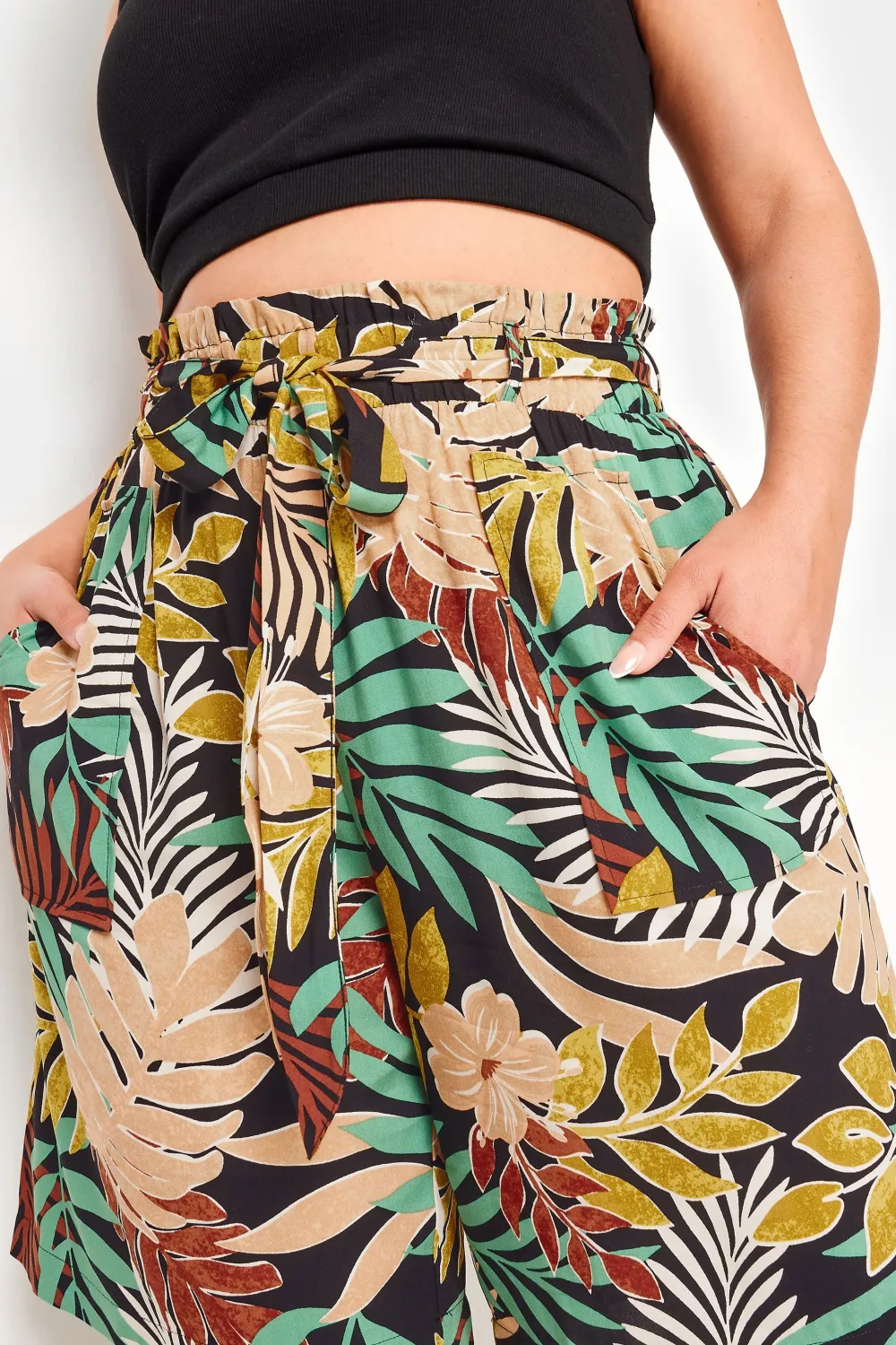 YOURS Curve Black Tropical Print Paperbag Shorts