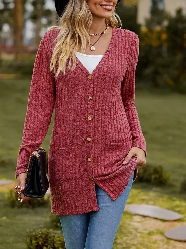 Women's Cardigan Casual Solid Color Plain Ribbed Asymmetrical V Neck Buttons Pocket Twisted Long Sleeve Regular Tops Knit Daily Wine Army Green Spring Fall