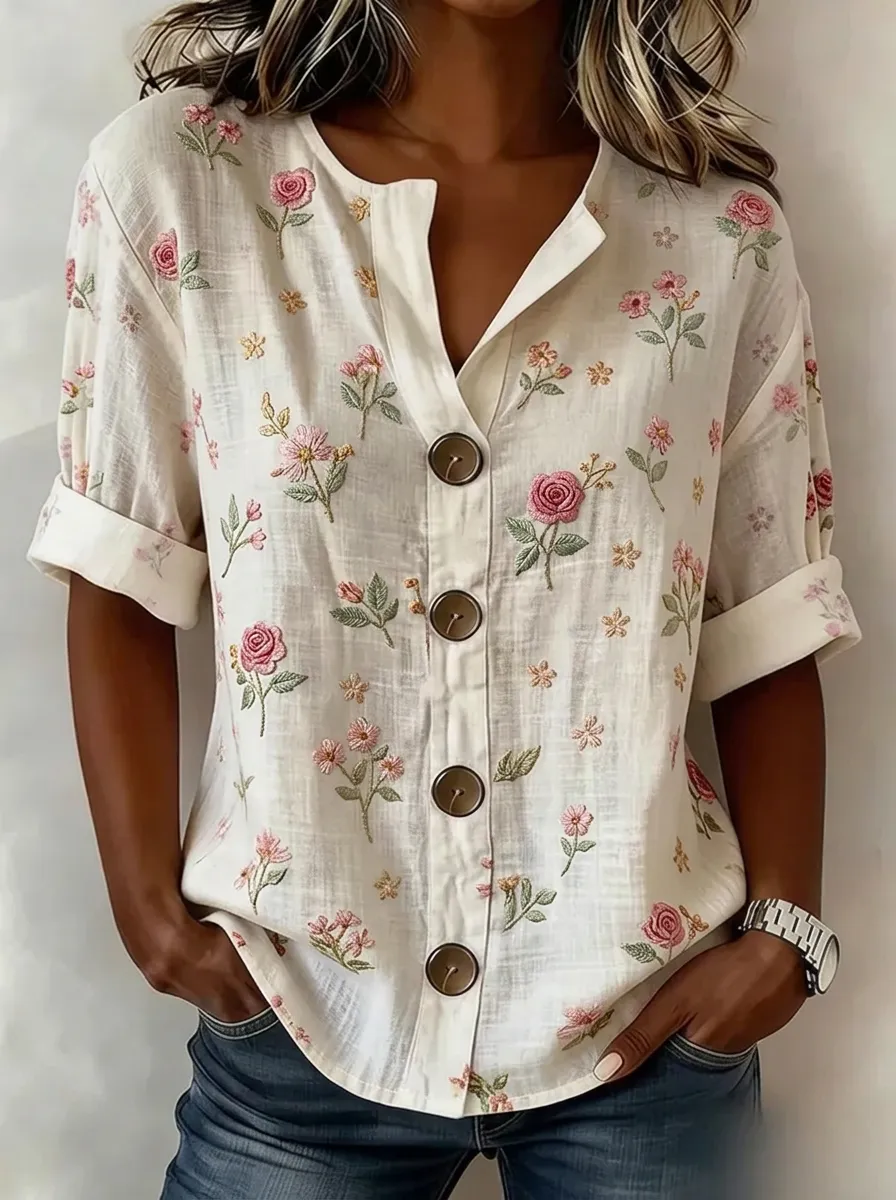 Women's Nashville Floral Rose Embroidered Button-Down Shirt