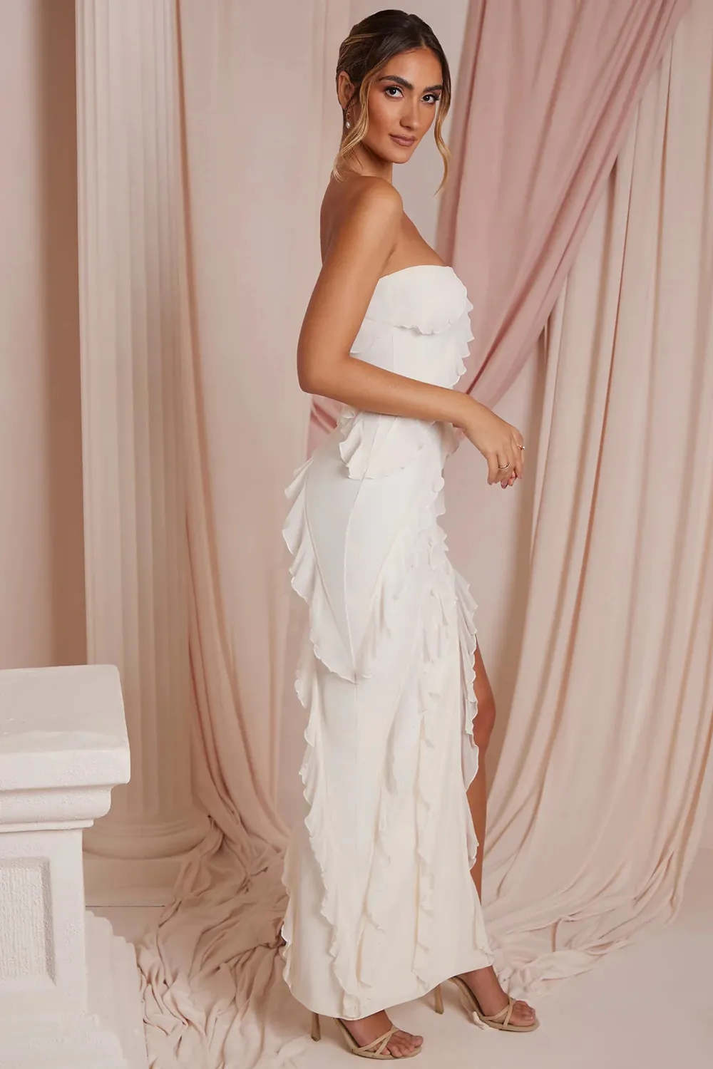 Bandeau Ruffle Detail Maxi Dress in Brown