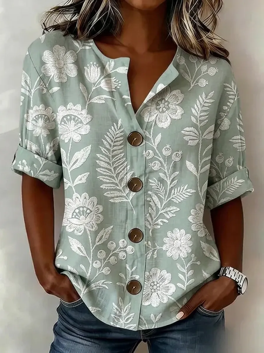 Women's Nashville Floral Botanical Printed Button-Down Shirt