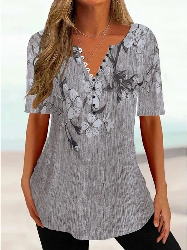Women's T shirt Tee White Yellow Light Green Floral Button Print Short Sleeve Holiday Weekend Tunic Basic Round Neck Regular Fit Floral Painting