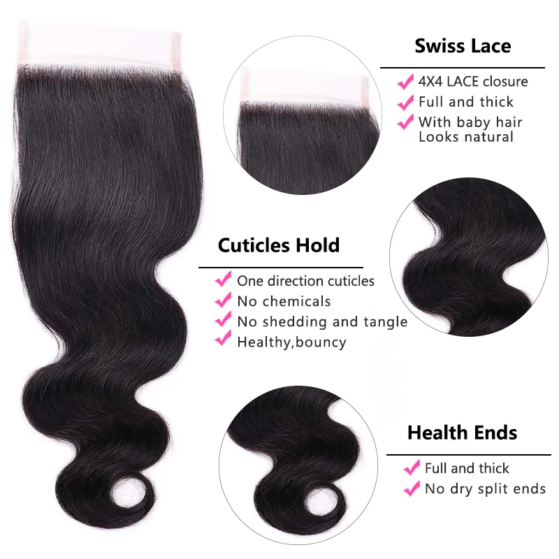 Sterly Hair Affortable Body Wave 3 Bundles With 4×4 Lace Closure 100% Unprocessed Virgin Human Hair