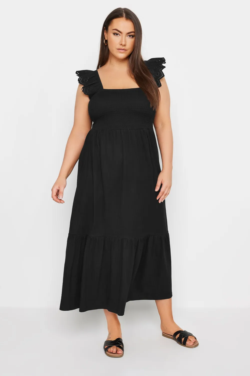 YOURS Curve Black Frill Sleeve Shirred Midaxi Dress