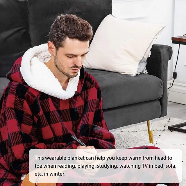 Oversized Wearable Blanket Christmas Flannel Thick Soft Warm Long Hoodie Blanket Big Hooded Sweatshirt Hoodie Blanket for Adults Women Girls Teenagers Teens Men Black