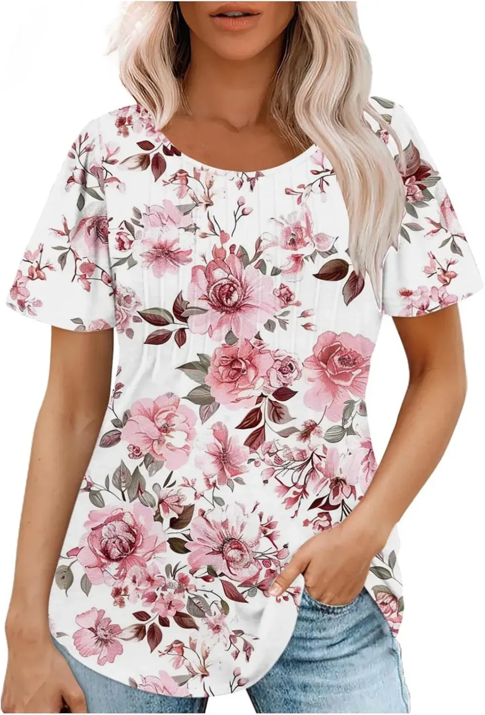 Womens Summer Pleated Front Shirts Tunics Casual Short Sleeved Loose Round Neck Boho Printed Tops Vacation Blouse