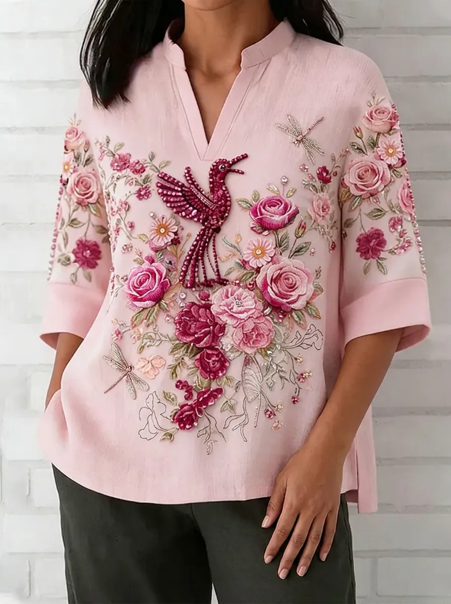Women's Nashville Floral Hummingbird Embroidered Printed Top