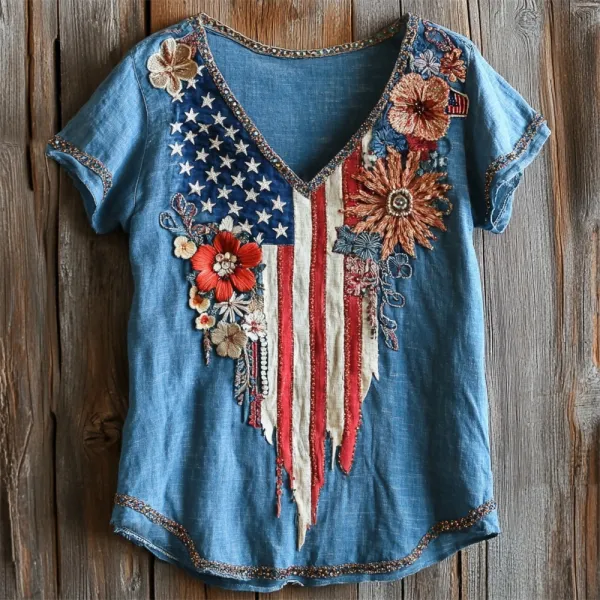Irregular Flag & Sequin Floral Embroidery Women's Linen V-neck T-shirt