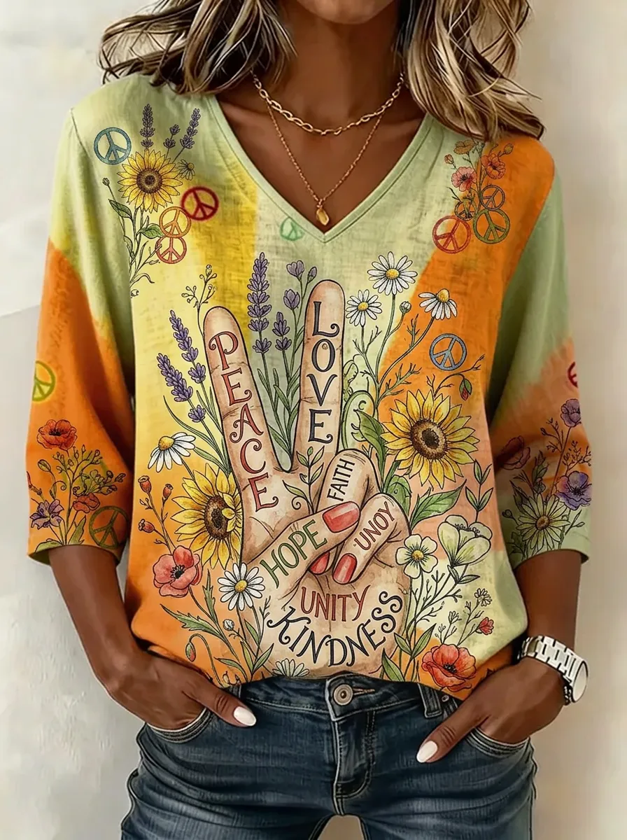 Women's Nashville Peace Sign Floral Sunflower Printed V-neck Top