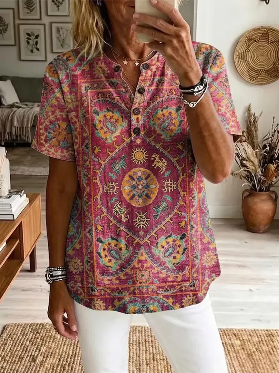 Women's Nashville Bohemian Mandala Printed Henley Shirt