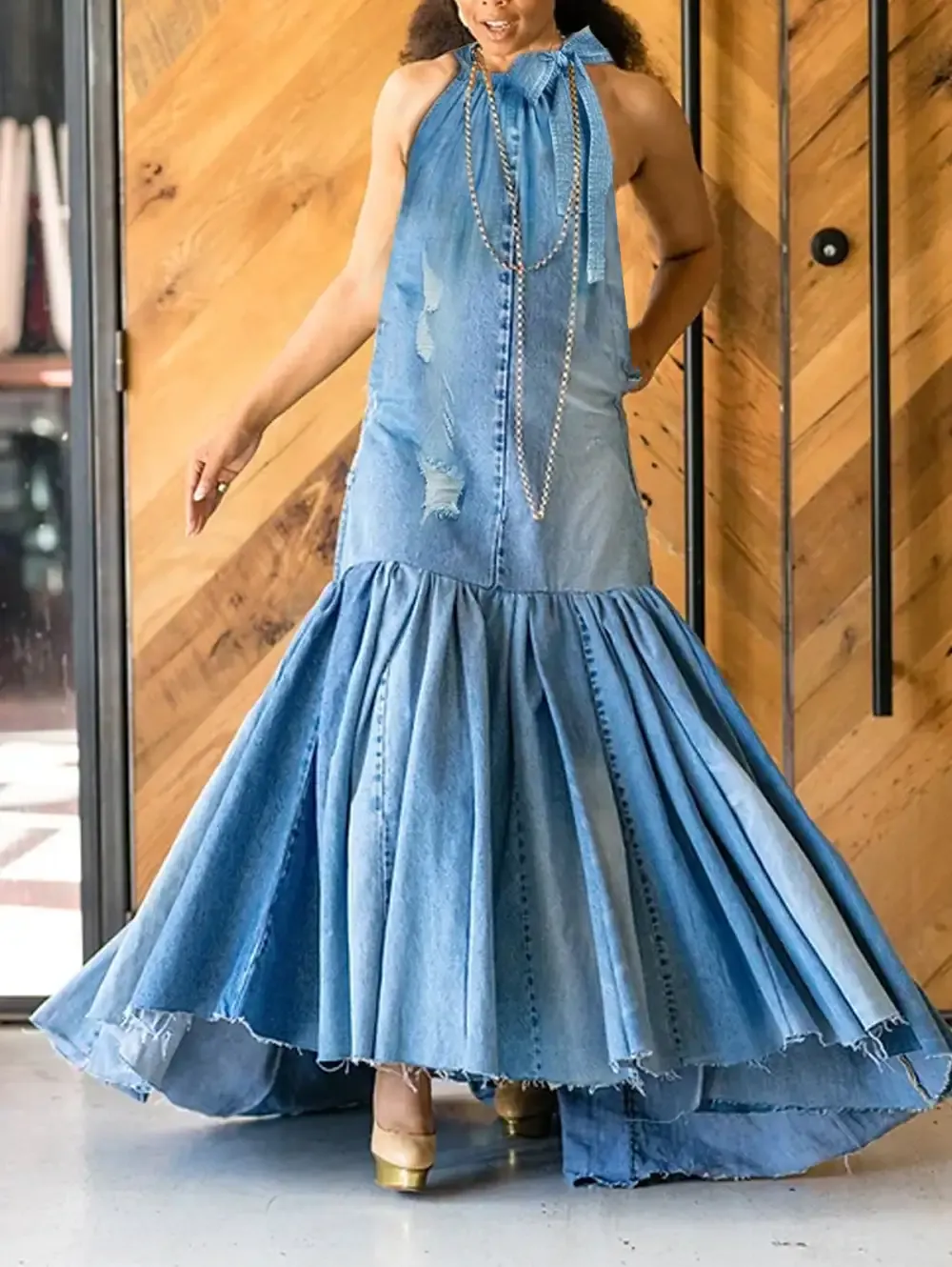 Ursime Fashion Ripped Denim Spliced Pleated Bow Maxi Halter Dress
