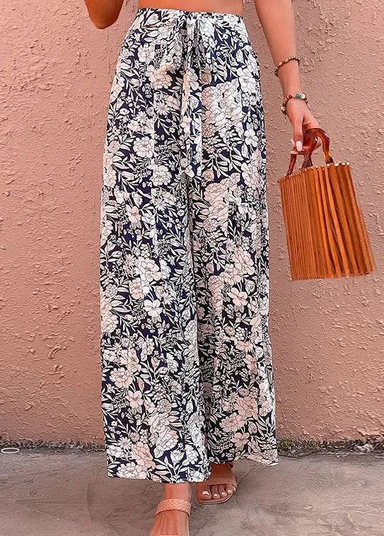 Navy Bowknot Floral Print Elastic Waist Pants