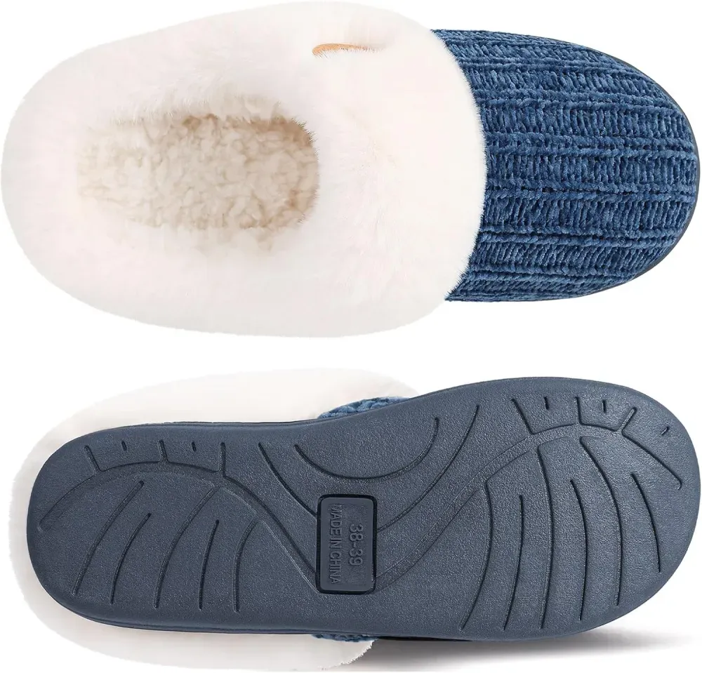 Warm Knit House Slippers for Women Comfy Wool-Like Lined Chenille Slippers with Memory Foam and Indoor Outdoor Soles