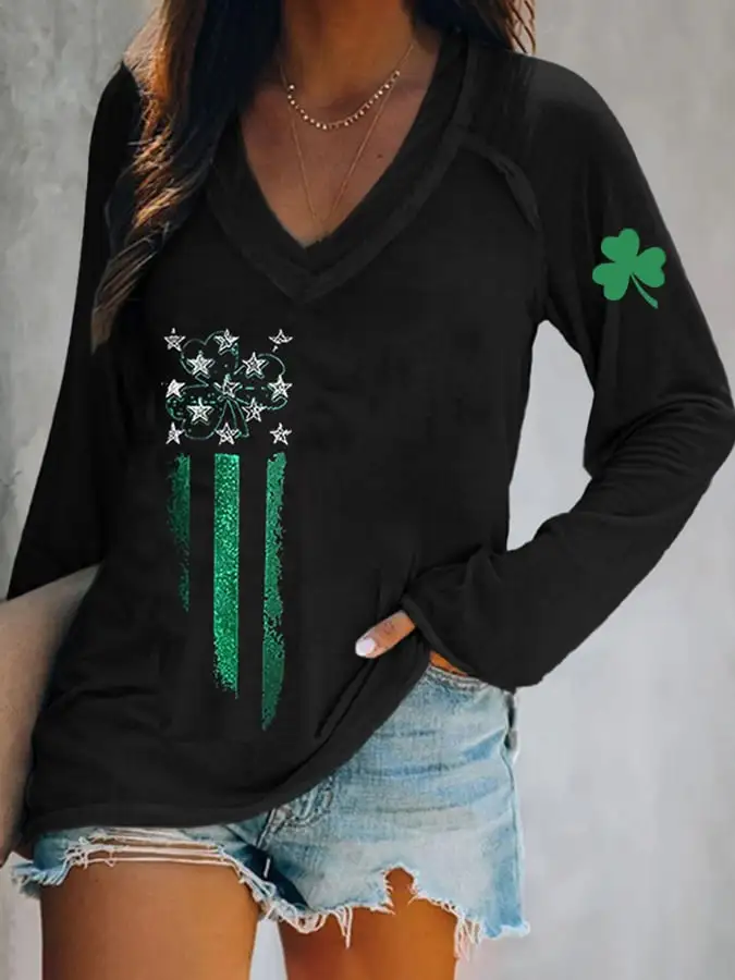 Women's  St. Patrick's Day Printed V-Neck T-Shirt