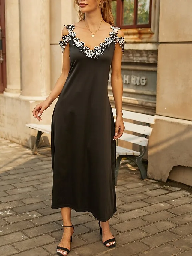 Women's Casual Dress Black Dress A Line Dress Long Dress Maxi Dress Polyester Fashion Casual Outdoor Daily Going out Strap Lace Patchwork Sleeveless Summer Spring 2023 Regular Fit Black White Green