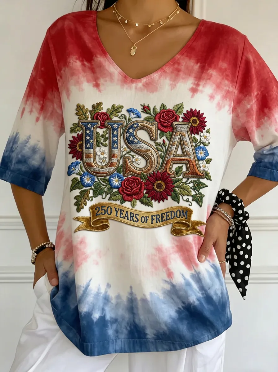 Women's USA Patriotic Floral 250 Years Freedom Printed T-shirt