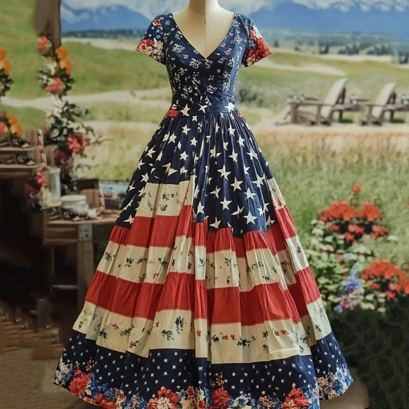 Women's Vintage Independence Day Flag Short Sleeve Casual Maxi Dress