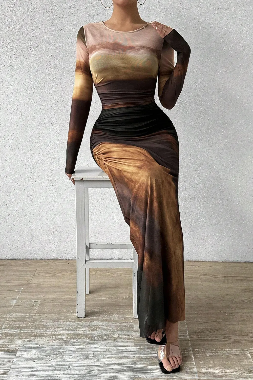 Women's Tie Dye Long Sleeve Pleated Dress