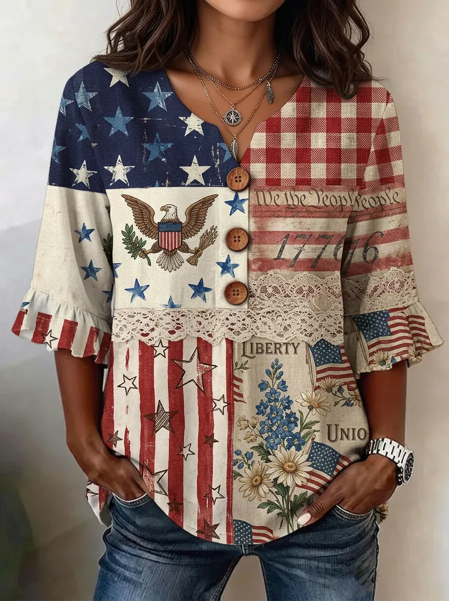 Women's Nashville Patriotic Eagle Flag Printed V-neck Top