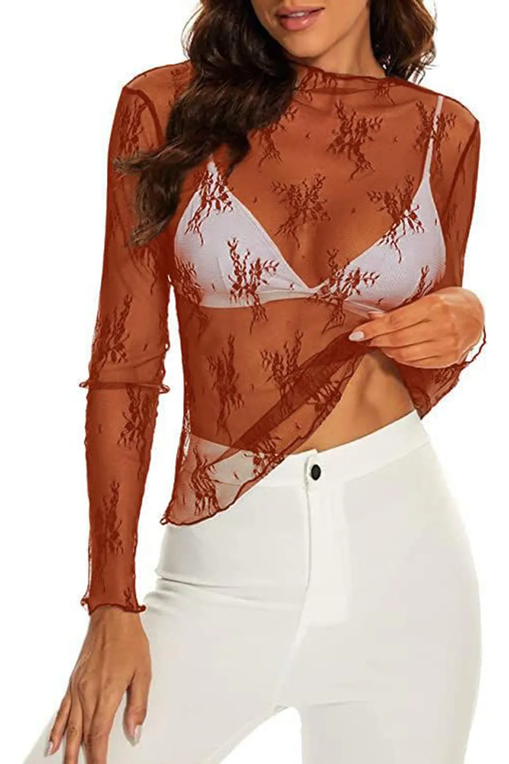 Mincib Mesh Lace Long Sleeve Layering Top