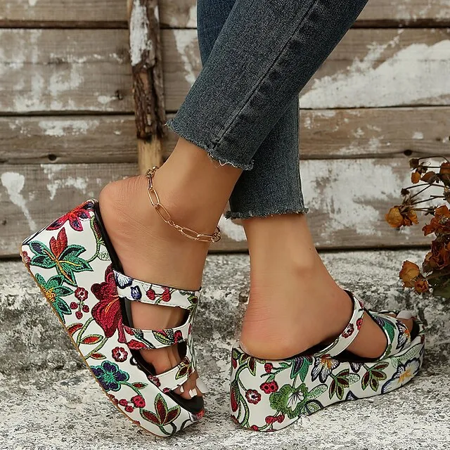 Women's Sandals Slippers Wedge Sandals Platform Sandals Plus Size Daily Beach Summer Platform Wedge Heel Open Toe Vintage Casual Faux Leather Loafer Color Block Black / White Snake pattern Black