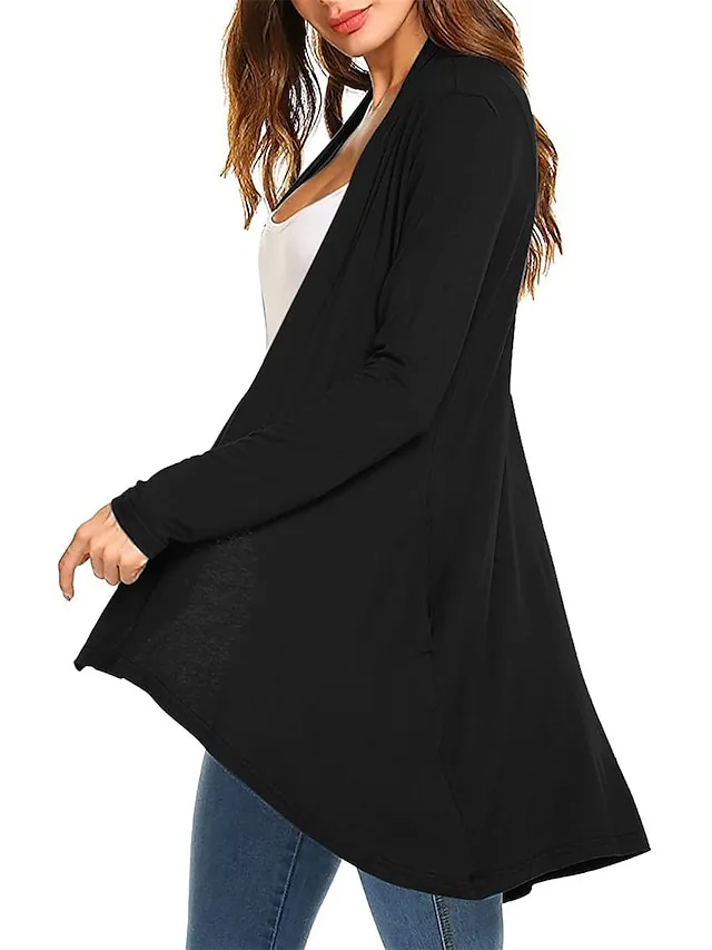Women's Cardigan Sweater Open Front Ribbed Knit Knit Pocket Summer Fall Outdoor Daily Weekend Stylish Casual Soft Long Sleeve Solid Color Black White Wine S M L